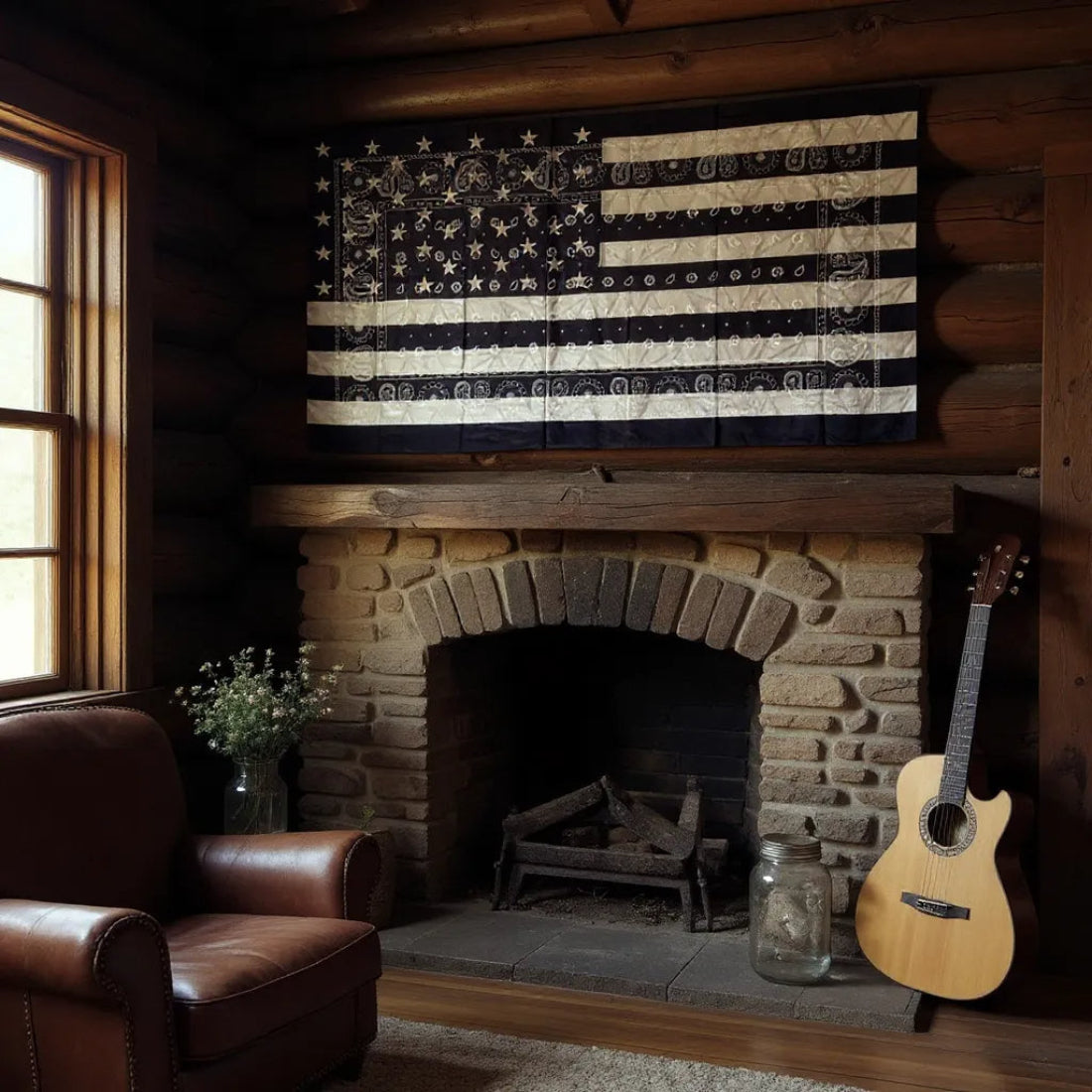 A black and white American flag beach towel with a paisley pattern hanging as a tapestry above a stone fireplace in a rustic log cabin, next to a leather armchair and an acoustic guitar.